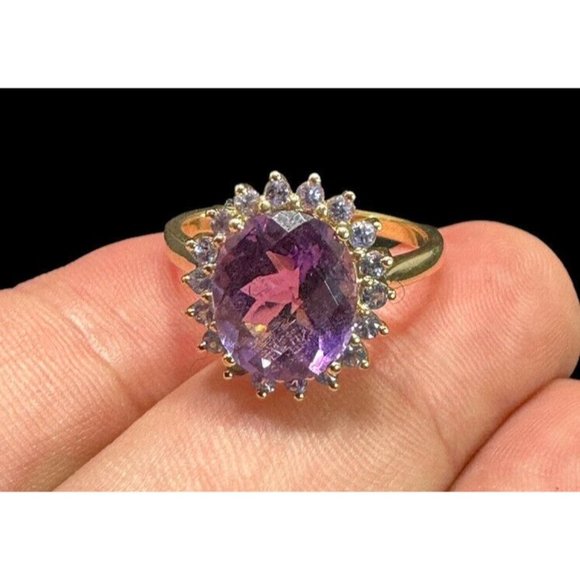 10k FP Ring Yellow Gold Oval Cut Amethyst Blue Topaz Halo Band Size 10 Signed - Picture 6 of 9